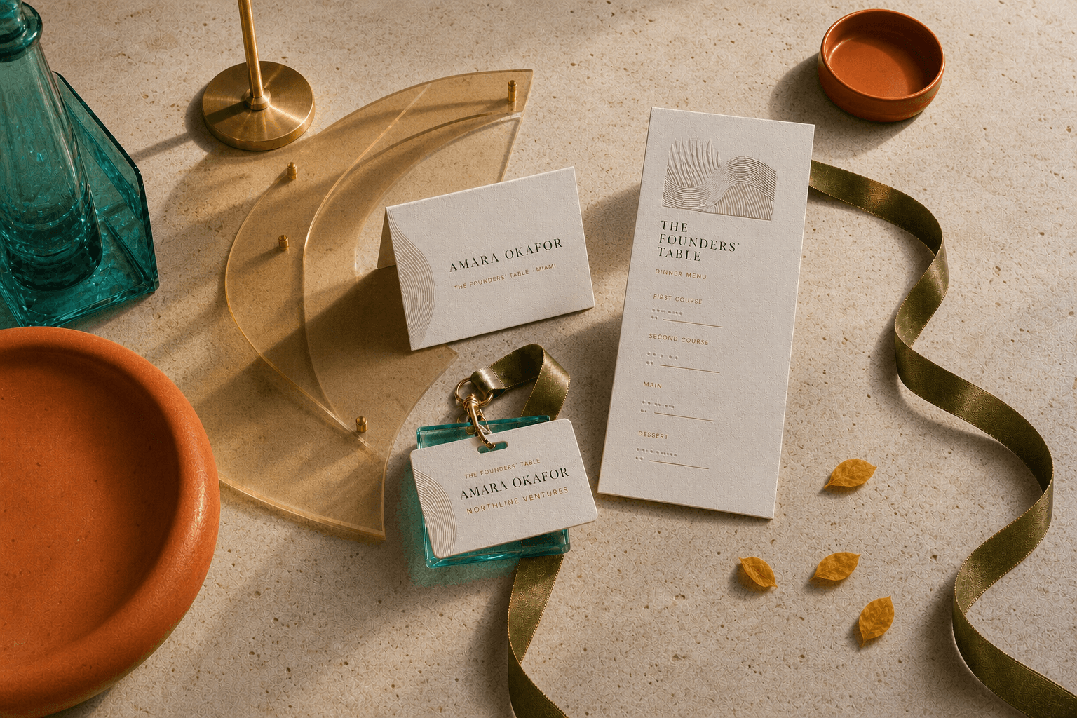 A coordinated Founders’ Table table tent, wearable name badge, and dinner menu